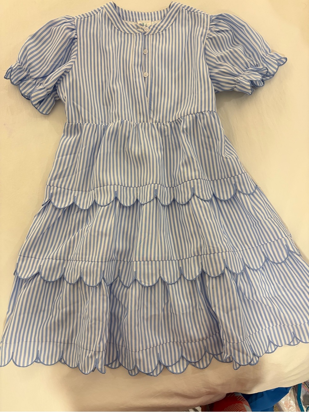 Blue & White Striped Scallop-Tier Mini Dress